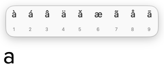 Il menu accenti si apre con le opzioni per gli accenti e altri segni diacritici sulla lettera a.