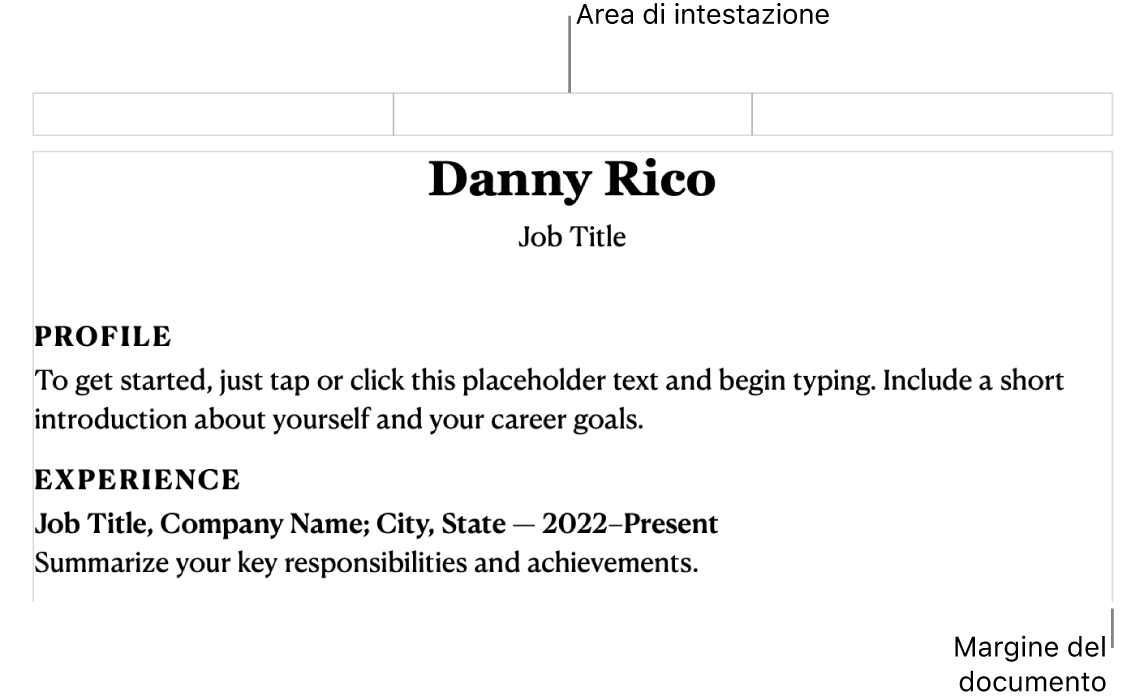 Vista layout che mostra l’area di intestazione e i margini del documento.