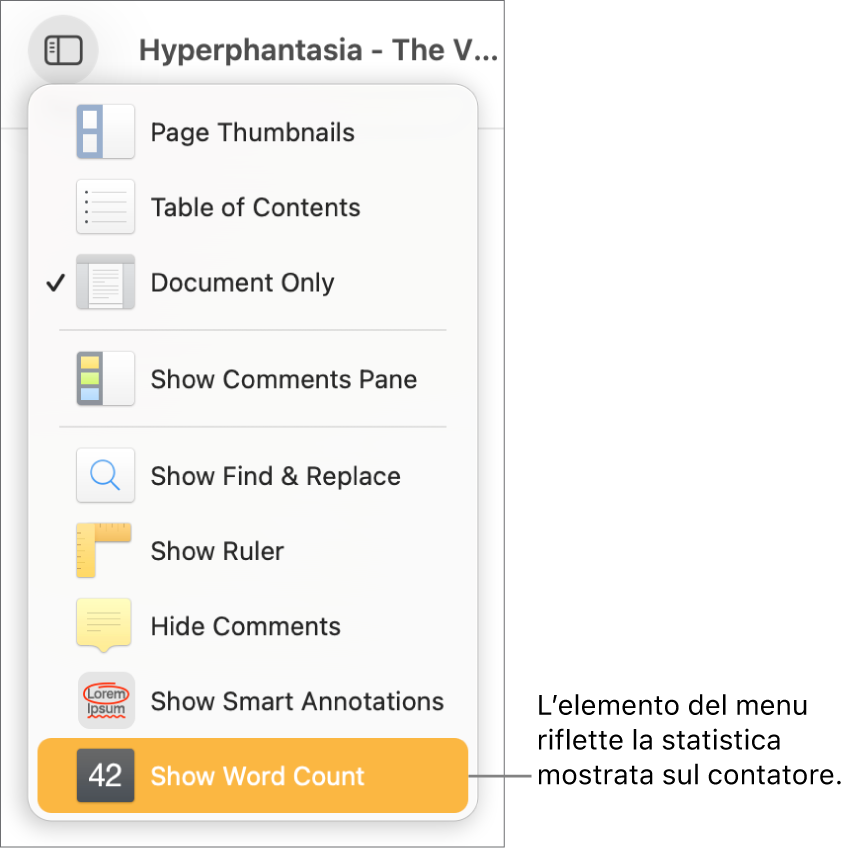 Il menu Vista aperto con “Mostra conteggio caratteri” nella parte inferiore.