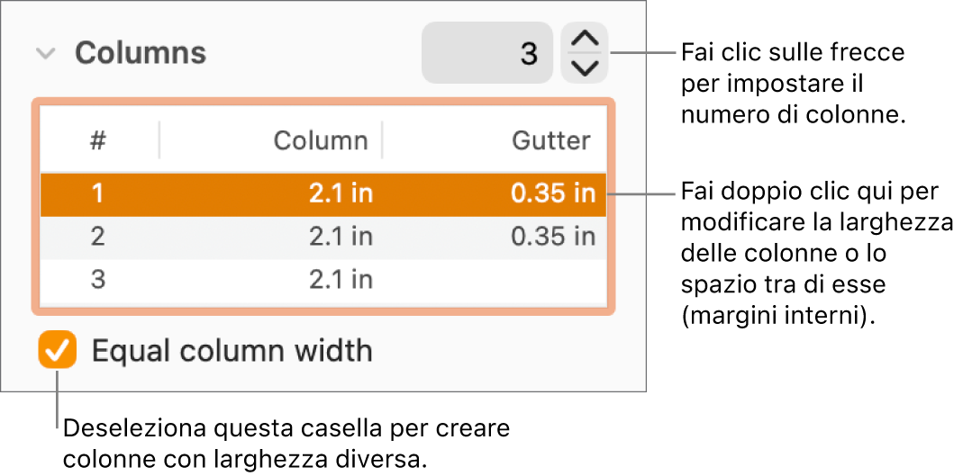 Pannello Layout dell’inspector Formattazione con i controlli delle colonne.