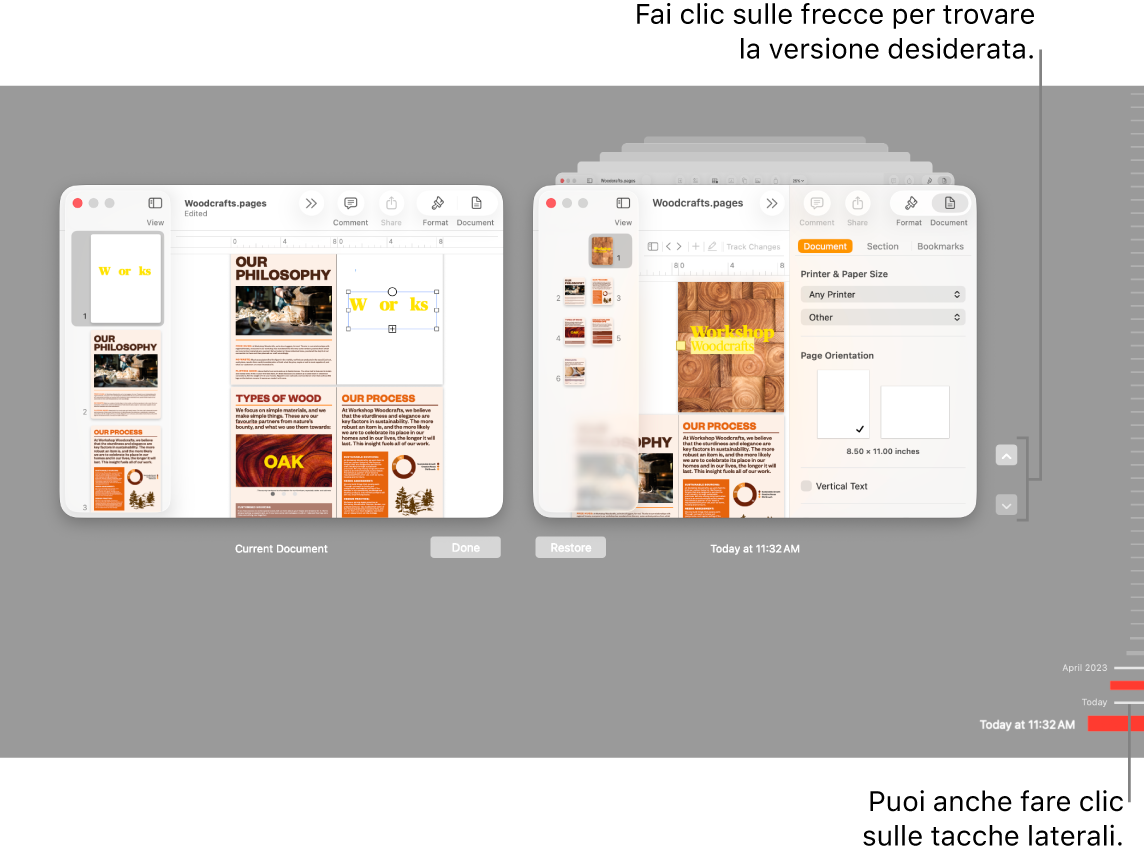 Timeline delle versioni con il documento attuale sulla sinistra e una versione recente sulla destra.