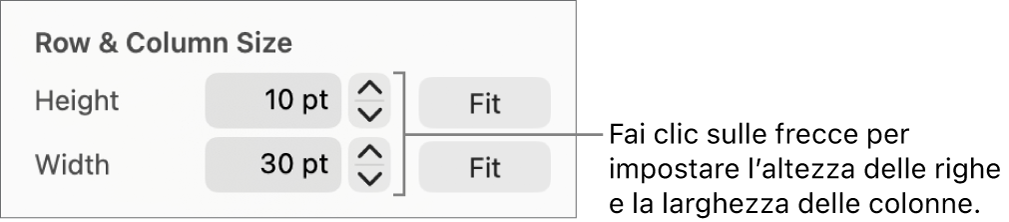 Controlli per impostare una dimensione di riga o colonna precisa.