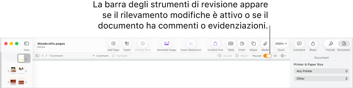 barra strumenti di Pages con il rilevamento delle modifiche attivato e la barra strumenti di revisione sotto la barra strumenti di Pages.