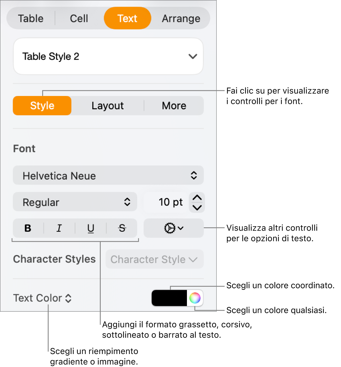 Controlli per lo stile del testo della tabella.