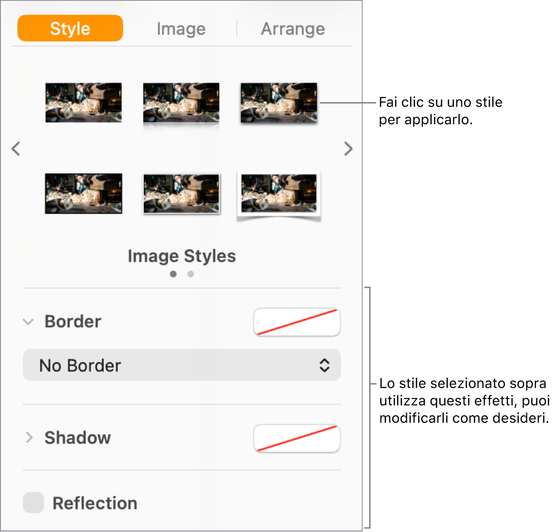 Pannello Stile della barra laterale Formattazione che mostra le opzioni relative allo stile dell’oggetto.