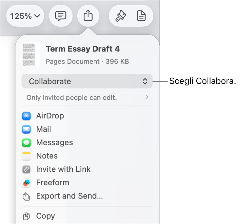 Il menu di condivisone con l’opzione Collabora selezionata in alto e le impostazioni di accesso e dei permessi sotto.