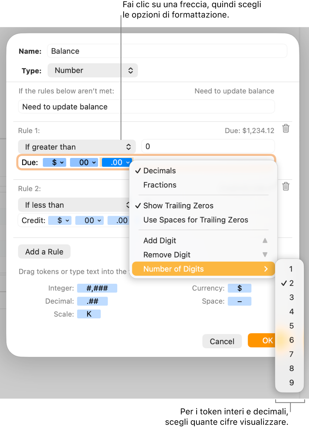 Finestra per la formattazione delle celle con controlli per scegliere opzioni di formattazione personalizzate.