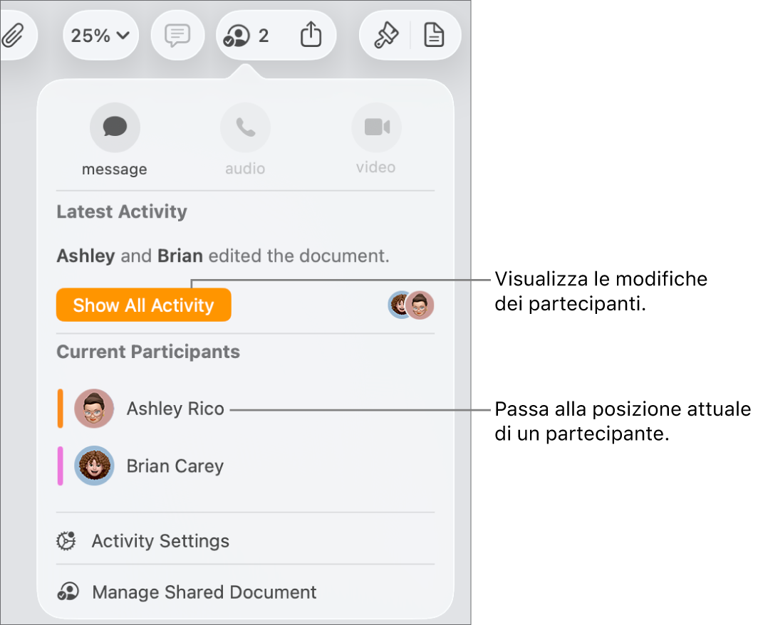 Il menu per la collaborazione con due partecipanti attuali.