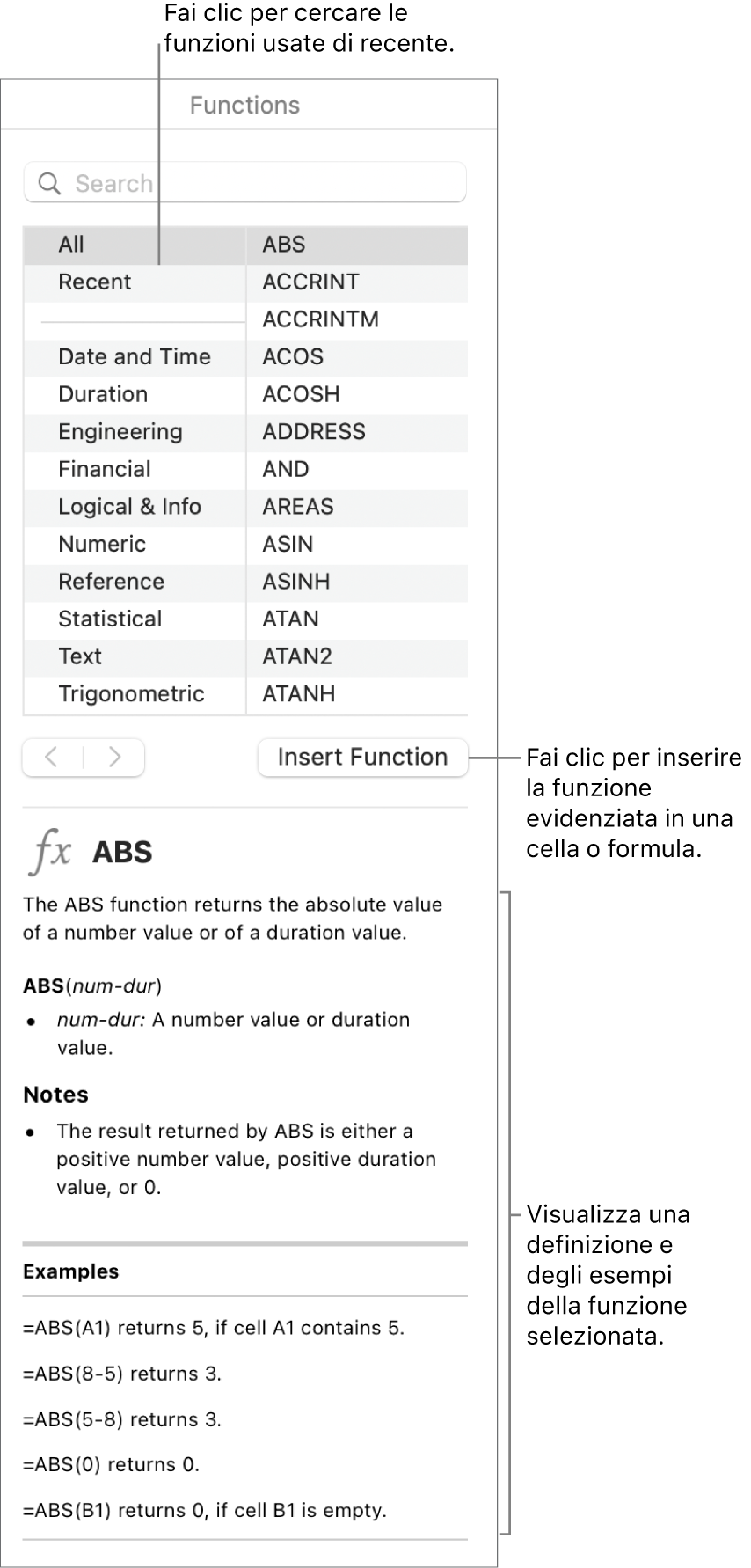 Browser funzioni con didascalie per le funzioni utilizzate di recente, il pulsante “Inserisci funzione” e la definizione della funzione.