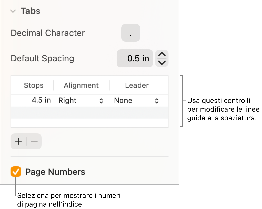 La sezione Tabulazioni della barra laterale Formattazione. Sotto a “Spaziatura di default” è presente una tabella con le colonne Tab., Allineamento e Guida. Un riquadro “Numeri di pagina” è selezionato e compare sotto alla tabella.