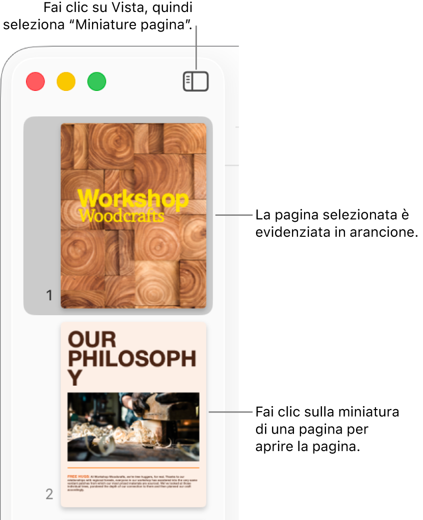 La barra laterale sul lato sinistro della finestra di Pages con la vista “Miniature pagina” aperta e una pagina selezionata evidenziata in arancione scuro.