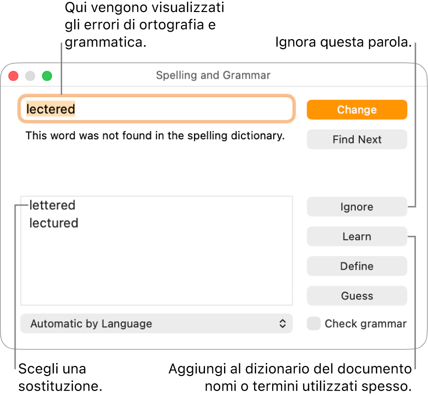 Finestra “Ortografia e grammatica”.