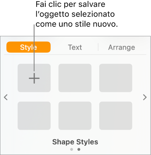 Pannello Stile della barra laterale Formato con il pulsante “Crea stile” nell’angolo superiore sinistro e cinque segnaposto di stile vuoti.