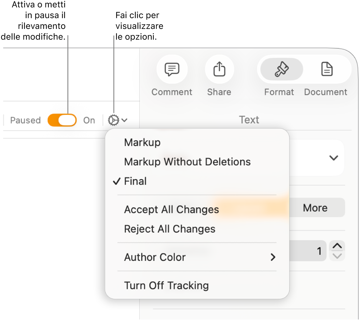 Menu delle opzioni di rilevamento con “Disattiva Rileva modifiche” nella parte inferiore e didascalie per i pulsanti “Rilevamento modifiche attivo” e “In pausa”.