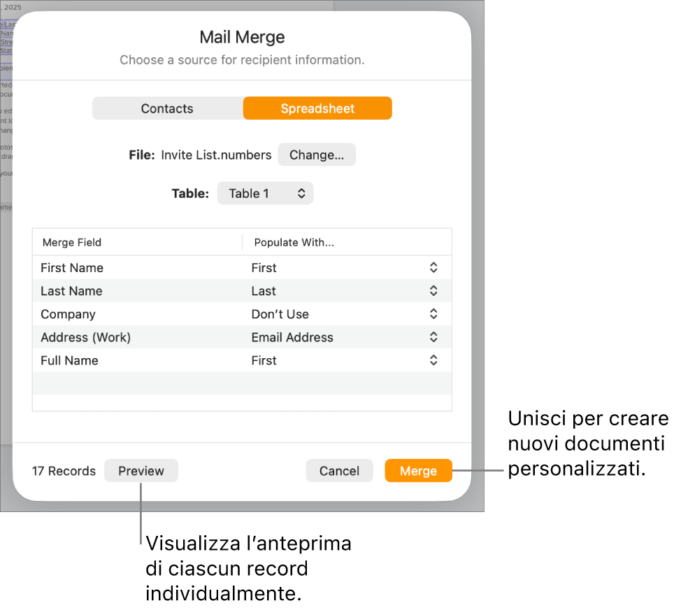 Si apre il pannello “Stampa unione”, con le opzioni per modificare il file o la tabella di origine, visualizzare l’anteprima dei nomi dei campi unione o unire il documento.