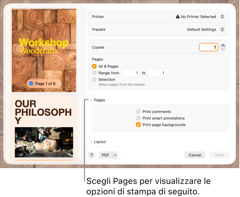 Finestra di dialogo Stampa con controlli per stampante, preset, copie e intervallo di pagine. Nel menu a comparsa sotto le impostazioni per l’intervallo di pagine, viene selezionato Pages, seguito dai riquadri per stampare commenti, note smart e sfondi di pagina.