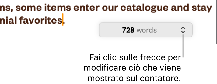 Menu del conteggio parole che mostra il numero di parole nel documento.