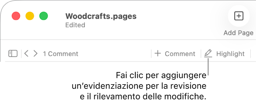 Barra dei menu con il menu Inserisci e sotto la barra strumenti di Pages con gli strumenti di revisione e una didascalia per il pulsante Evidenzia.