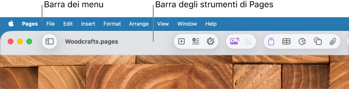 Barra dei menu nella parte superiore dello schermo con i menu Apple, Pages, File, Modifica, Inserisci, Formato, Disposizione, Visualizza, Finestra e Aiuto. Sotto la barra dei menu si trova un documento di Pages aperto con i pulsanti della barra strumenti nella parte superiore Visualizza, Ridimensiona, Aggiungi Pagina, Inserisci, Tabella, Grafico, Testo, Forma, Multimedia e Commento.