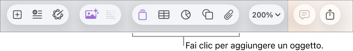 barra strumenti con pulsanti per aggiungere tabelle, grafici, testo, forme e file multimediali.