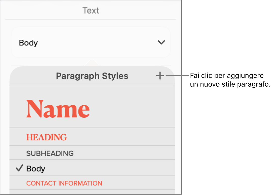 Il menu “Stili paragrafo” con una didascalia del pulsante “Nuovo stile”.