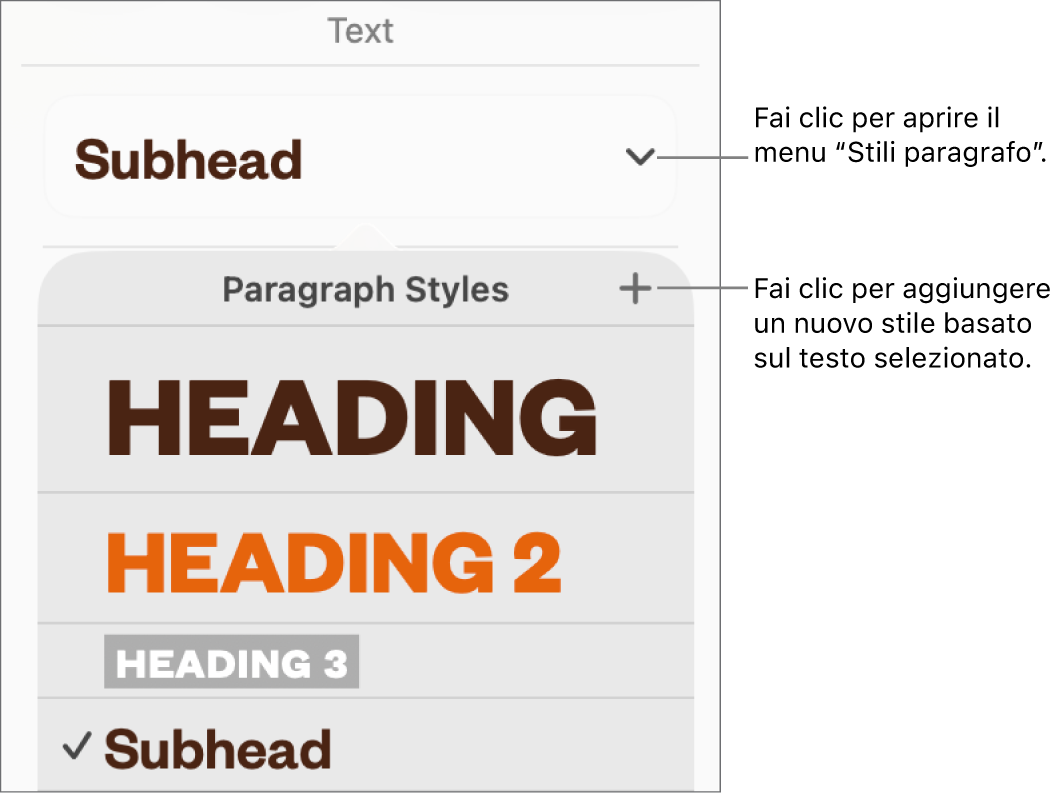 Il menu “Stili Paragrafo”, in cui vengono visualizzati i controlli per aggiungere o modificare uno stile.