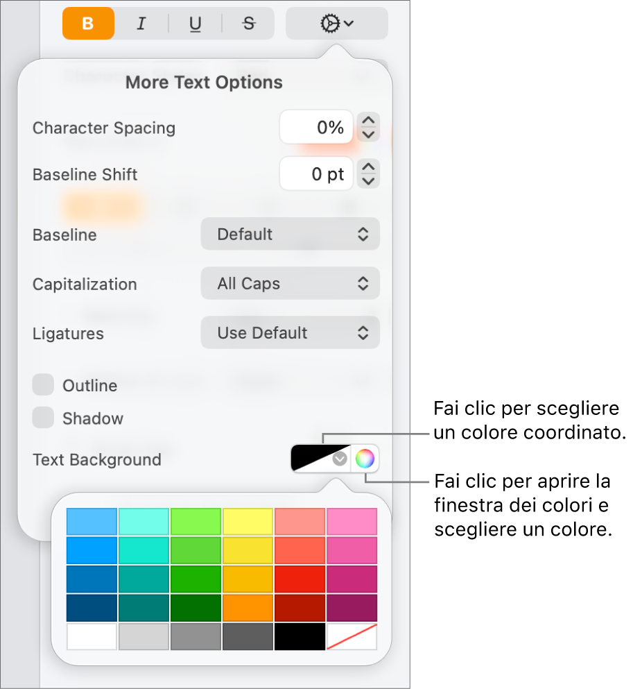 Controlli per la scelta di un colore di sfondo per il testo.