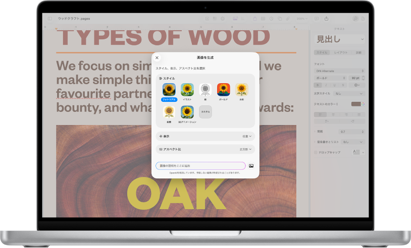 「画像を生成」ダイアログ。テキストの説明から画像を生成するためのオプションが表示されています。