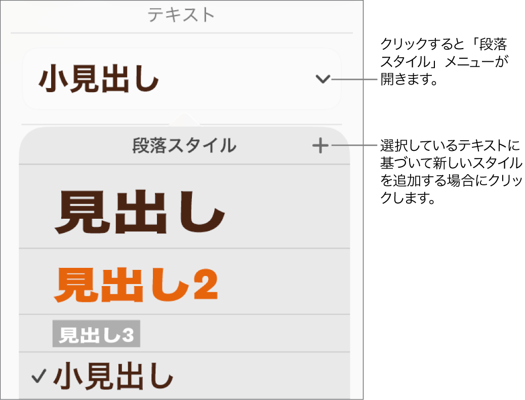 「段落スタイル」メニュー。スタイルを追加または変更するためのコントロールが表示された状態。