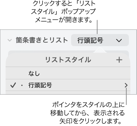 「リストスタイル」ポップアップメニュー。スタイルが1つ選択され、その右に矢印が表示されています。
