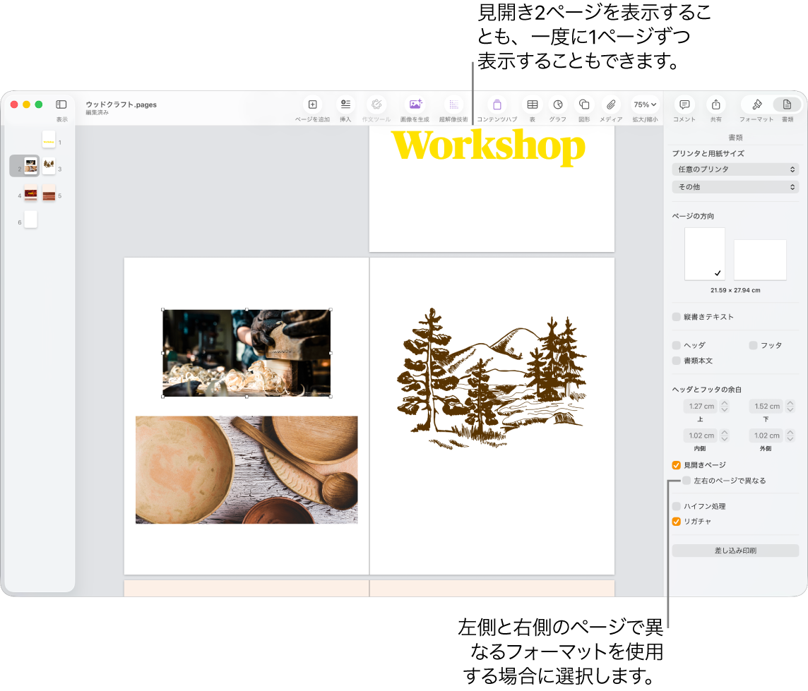 Pagesウインドウ。ページのサムネールと書類のページが見開き2ページとして表示されています。右側の「書類」サイドバーでは、「左右のページで異なる」チェックボックスの選択が解除されています。