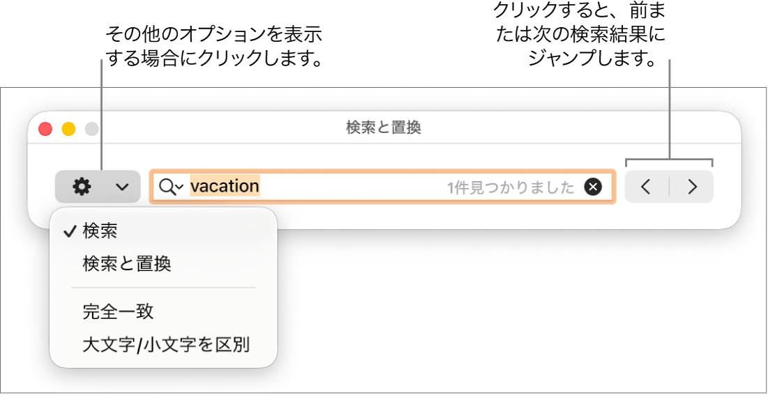「検索と置換」ウインドウ。「検索」、「検索と置換」、「完全一致」、「大文字小文字を区別」のオプションを表示するポップアップメニューが表示された状態。右にある矢印で前または次の検索結果にジャンプできます。