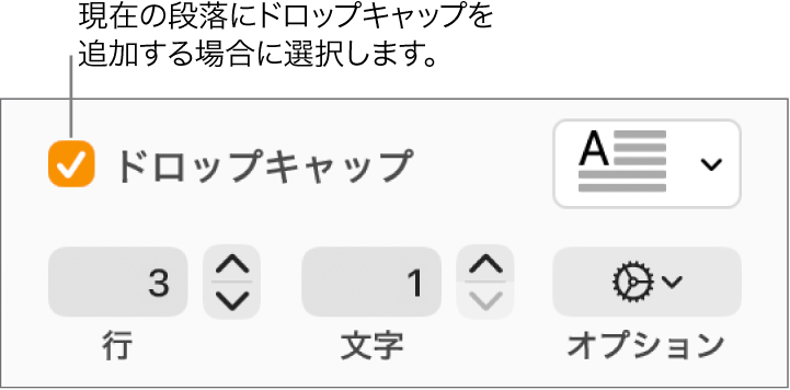 「ドロップキャップ」チェックボックスが選択されていて、その右側にポップアップメニューが表示されています。その下に、行の高さ、文字数、およびその他のオプションを設定するためのコントロールが表示されています。