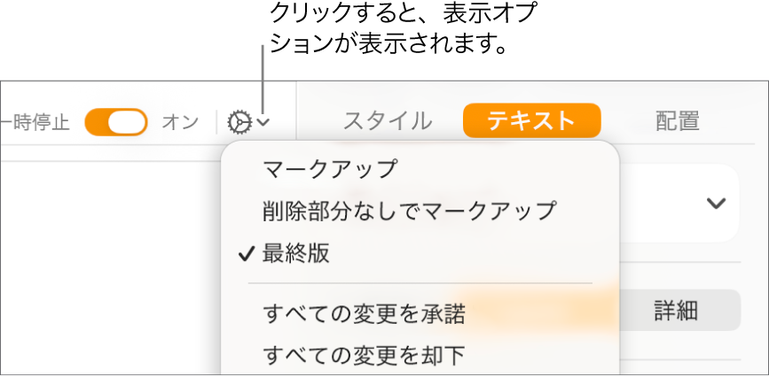 「マークアップ」、「削除部分なしでマークアップ」、「最終版」のレビューオプションが表示されたメニュー。
