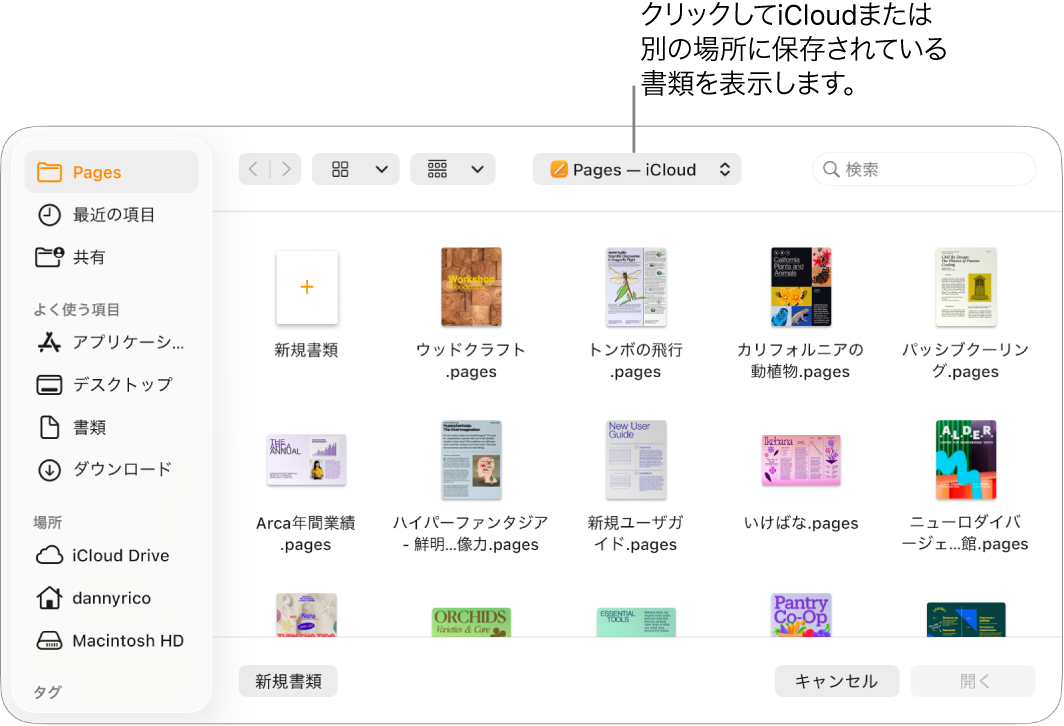 「開く」ダイアログ。左側でサイドバーが開いていて、上部のポップアップメニューで「iCloud Drive」が選択されています。ダイアログには「Pages」フォルダと、「新規書類」ボタンが表示されています。