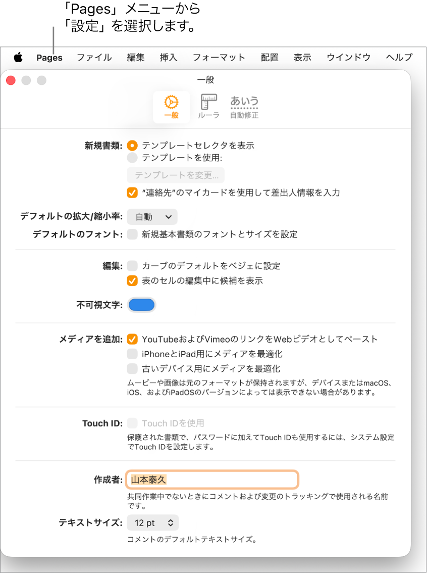 Pagesの設定パネルで「一般」タブが開いています。