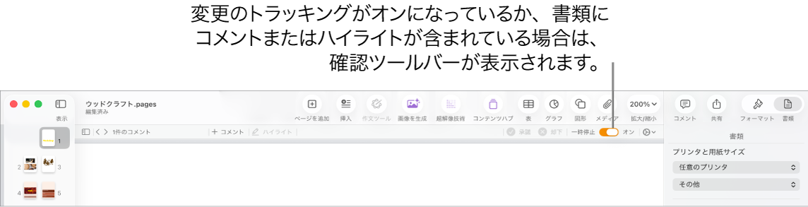 「変更のトラッキング」がオンになっているPagesのツールバー。下にレビューツールバーが表示されています。