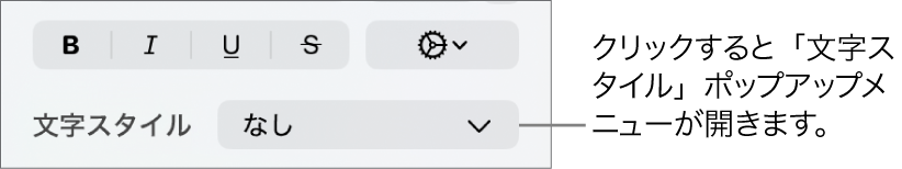「文字スタイル」ポップアップメニュー。