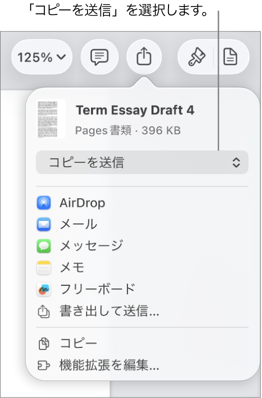 「共有」メニュー。上部で「コピーを送信」が選択されています。