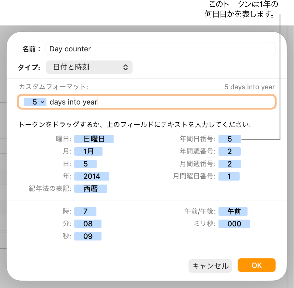 セルのカスタムフォーマットのウインドウ。日付と時刻のカスタムフォーマットを選択するためのコントロールが表示された状態。