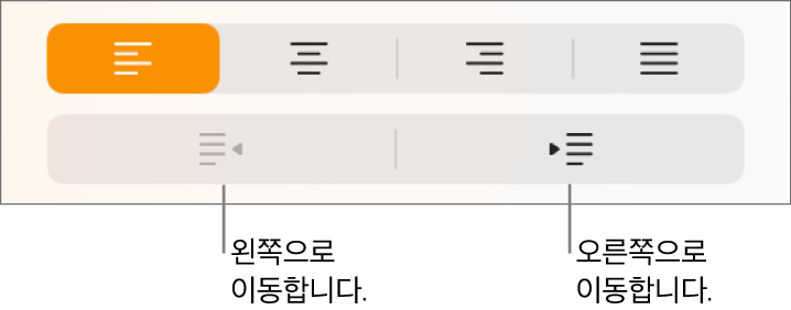 단락을 왼쪽 및 오른쪽으로 이동하는 버튼.