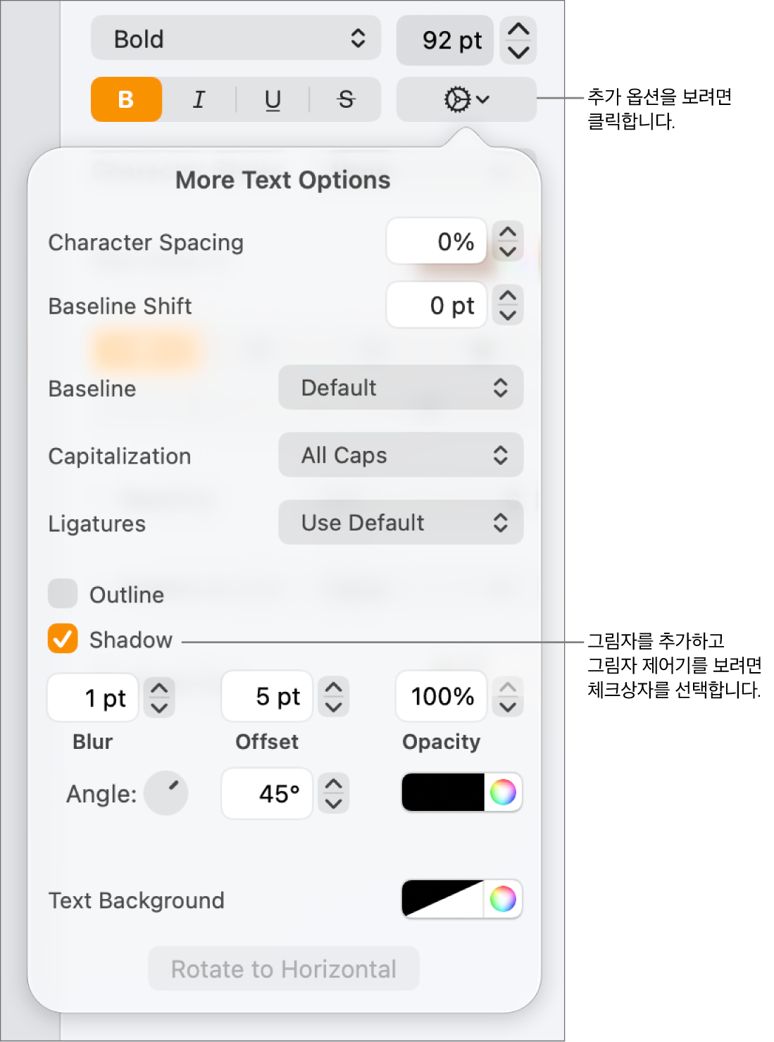 그림자 체크상자가 선택되어 있고, 흐림 효과, 오프셋, 불투명도, 각도 및 색상을 조정하는 제어기가 열려 있는 고급 옵션 메뉴.