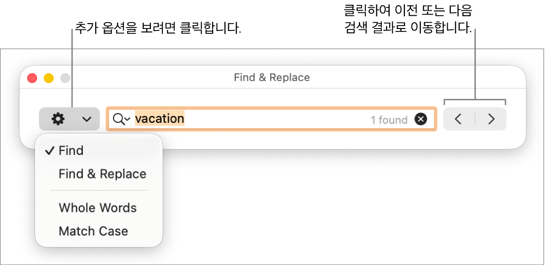 찾기, 찾기 및 대치, 전체 단어 및 대/소문자 일치 옵션을 보여주는 팝업 메뉴가 있는 찾기 및 대치 윈도우. 오른쪽의 화살표는 이전 또는 다음 검색 결과로 이동할 수 있게 해줍니다.