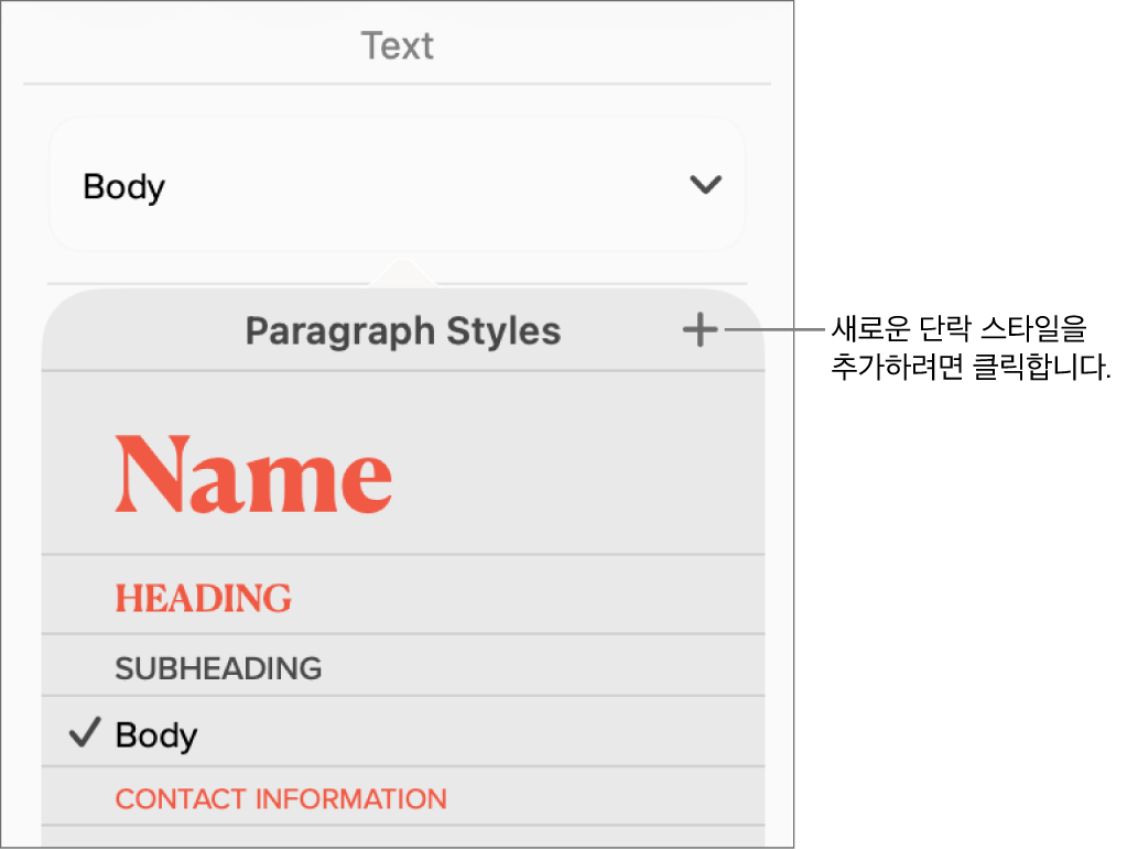 새로운 스타일 이름에 대한 설명이 있는 단락 스타일 메뉴.