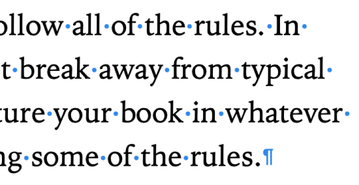 공백, 단락 나누기 및 섹션 나누기의 기호를 표시하는 텍스트.