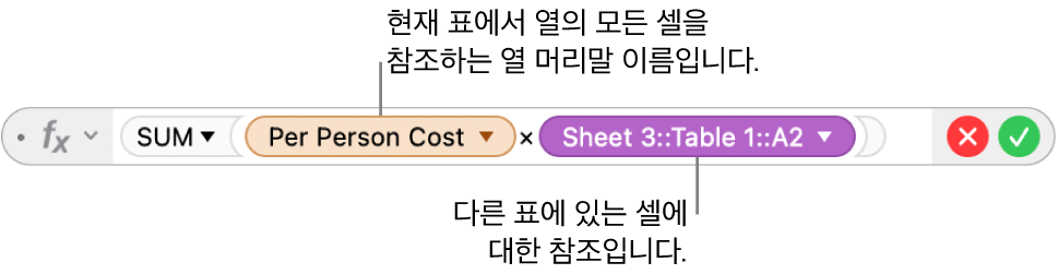 한 표의 열 및 다른 표의 셀을 참조하는 공식을 보여주는 공식 편집기.