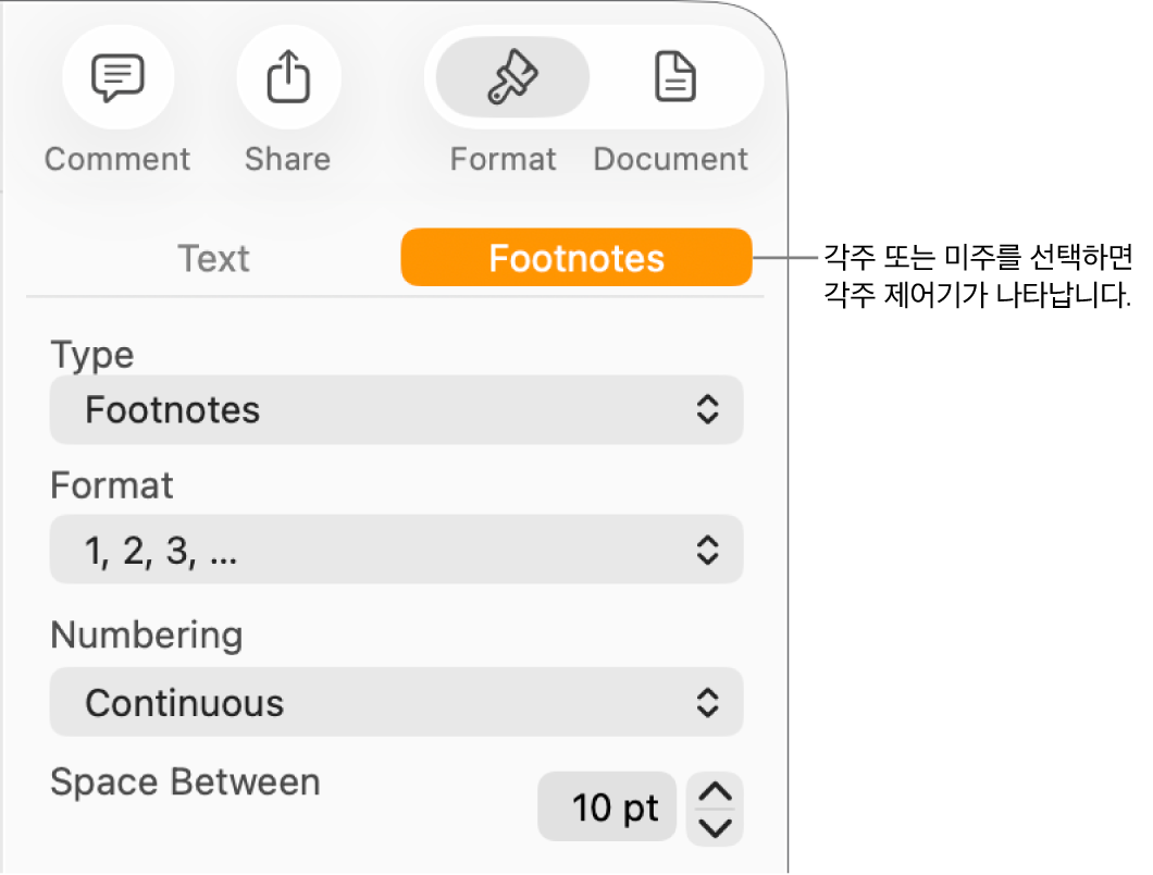 메모 사이의 유형, 포맷, 번호 매기기 및 공백에 대한 팝업 메뉴를 보여주는 각주 패널.