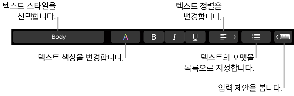 텍스트 스타일 선택, 텍스트 색상 변경, 텍스트 정렬 변경, 텍스트를 목록으로 포맷 지정 및 입력 제한 보기를 위한 제어기가 있는 MacBook Pro의 Touch Bar.