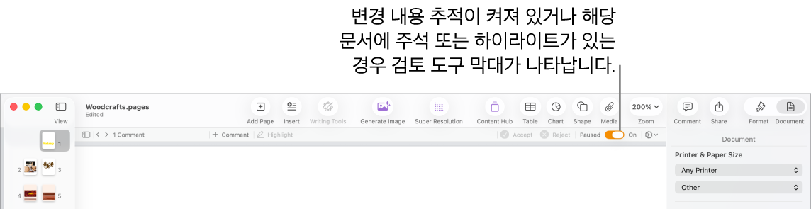 변경 내용 추적이 켜진 Pages 도구 막대 및 그 아래에 있는 검토 도구 막대.