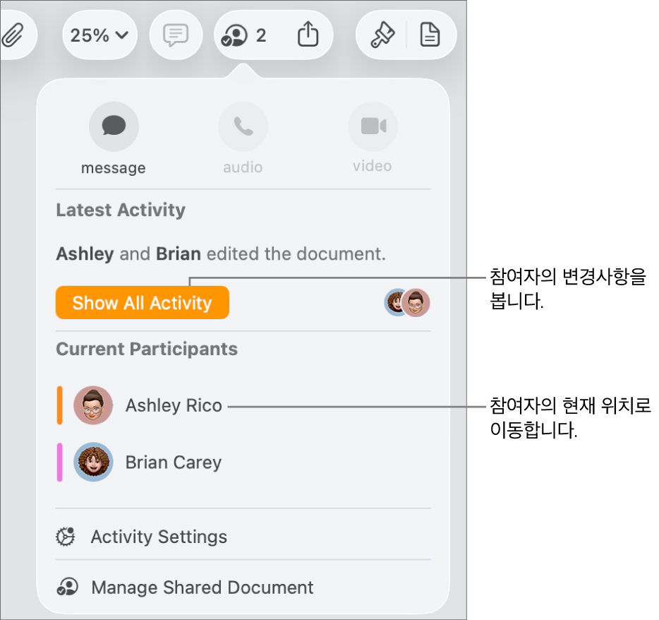 현재 두 명의 참여자가 나열된 공동 작업 메뉴.